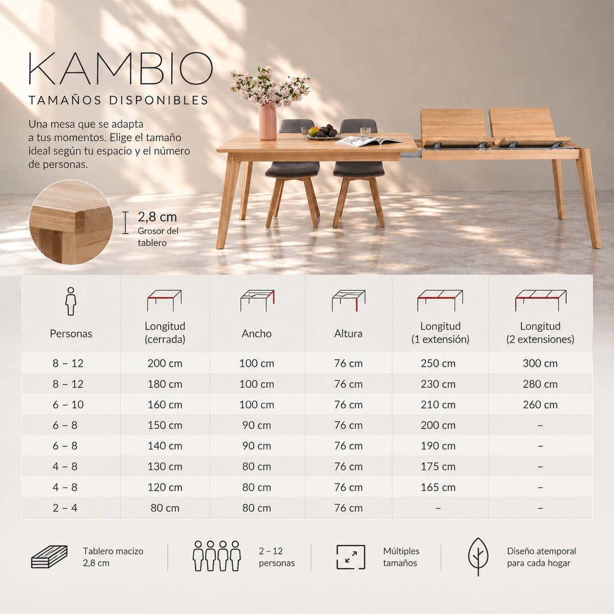 Mesa de comedor extensible madera maciza de roble KAMBIO 2 | VESKOR