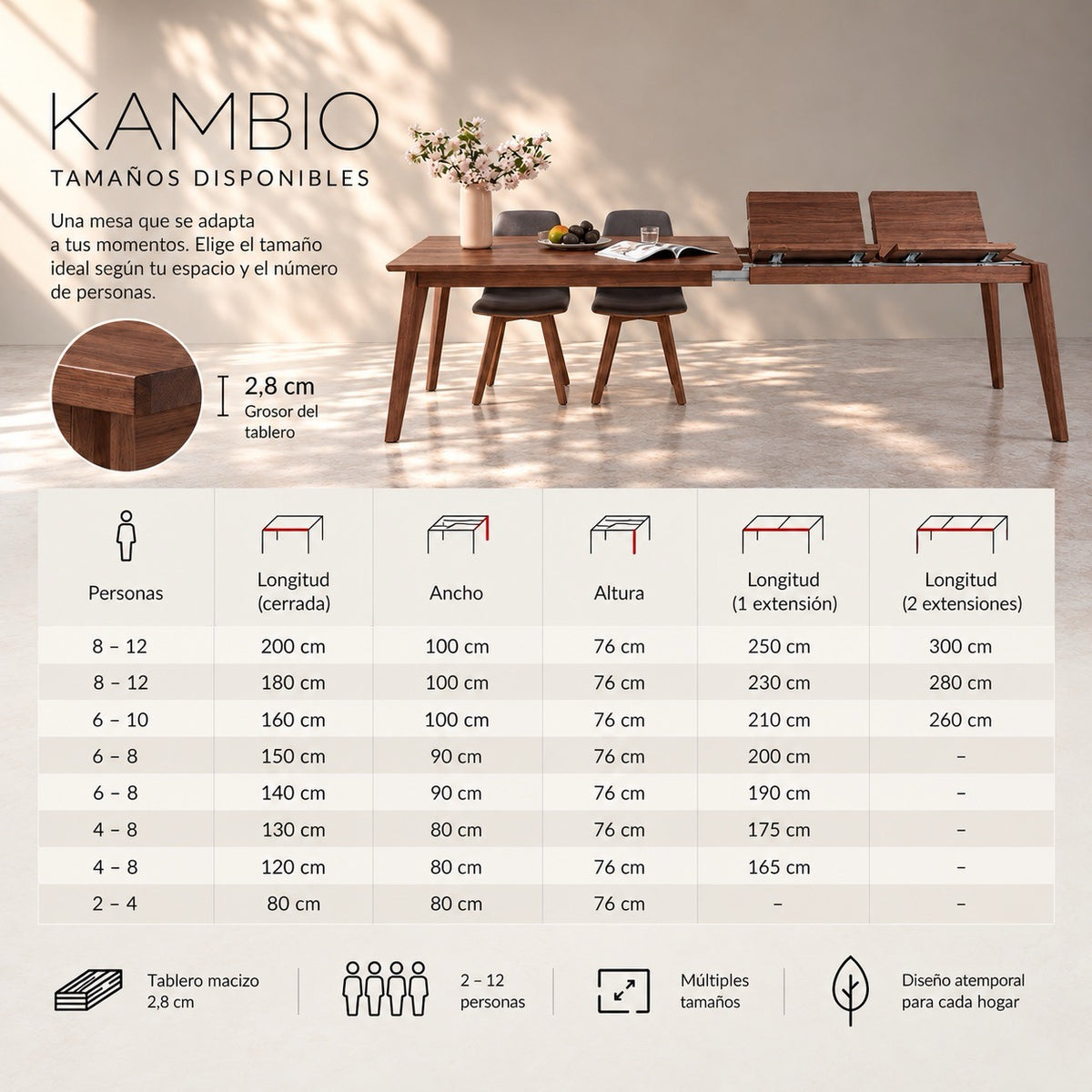 Mesa de comedor de madera maciza de nogal extensible Kambio 2 | VESKOR