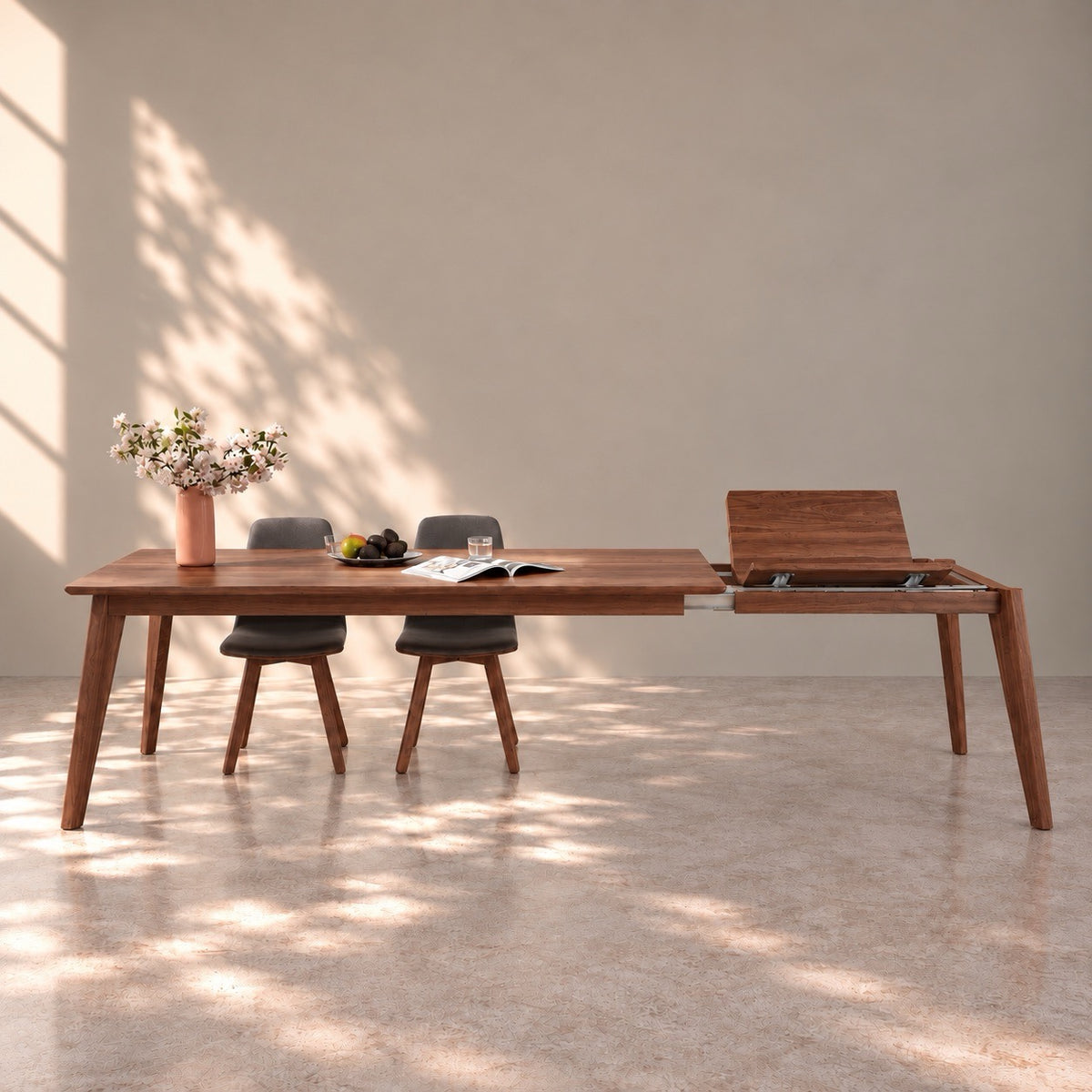Mesa de comedor de madera maciza de nogal extensible Kambio 1 | VESKOR